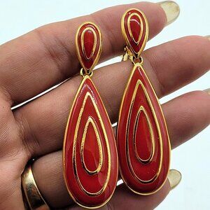 Vintage Napier Red Enamel Teardrop Drop Dangle Earrings Screw Clip On Gold Tone